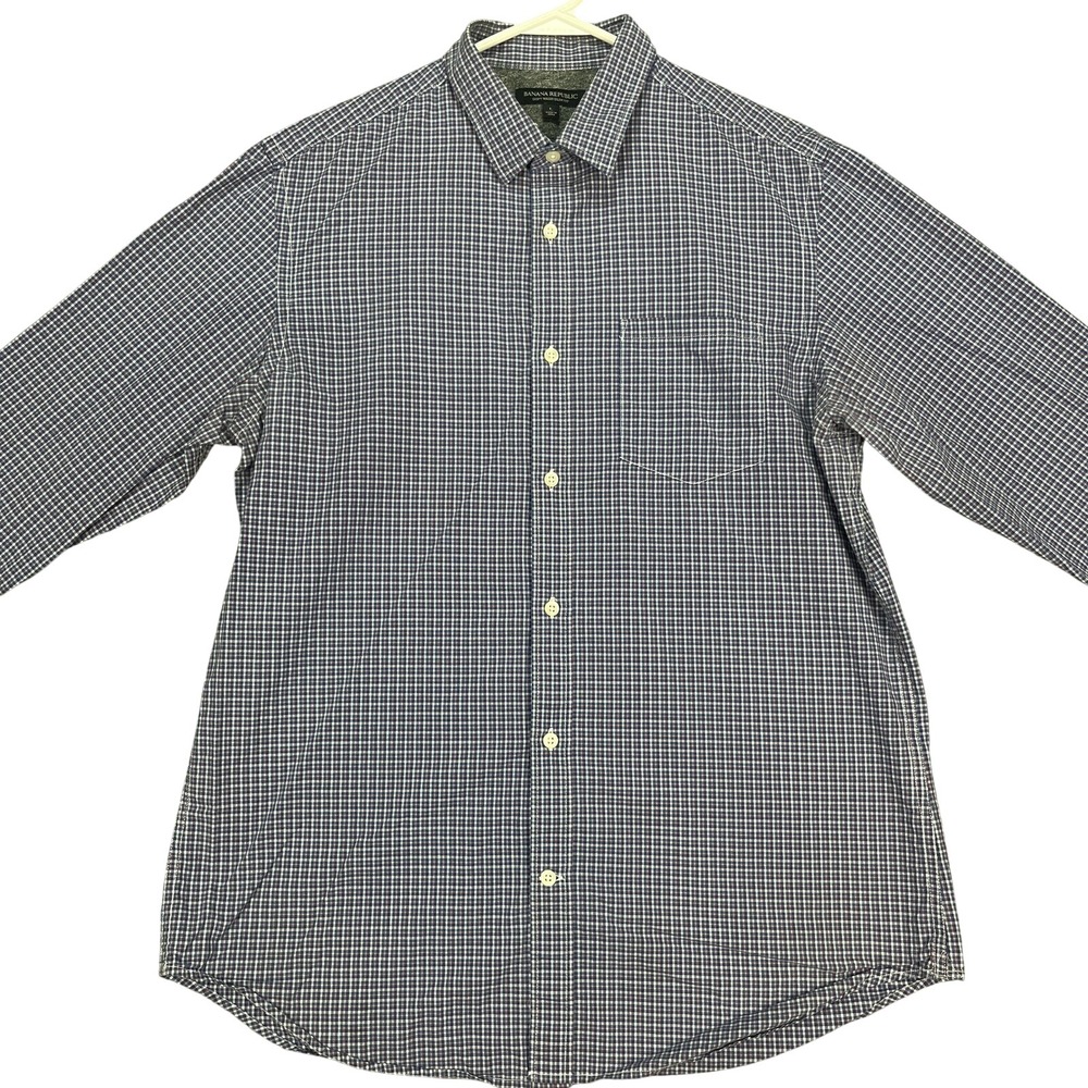 Banana Republic Shirt Mens Large Blue Red Check‎ Flip Cuff Slim Fit Button Up